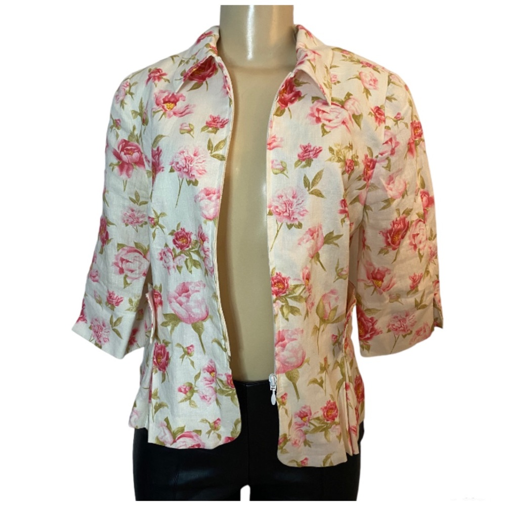Alain Figaret Paris Floral Ivory Pink Blazer Linen Silk Size Small 3/4 Sleeve